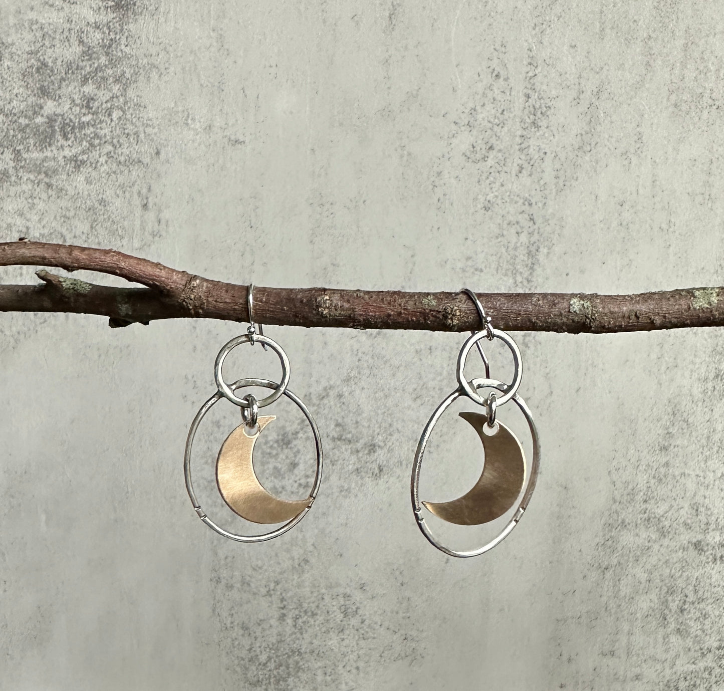 Sterling Silver Oval Earrings with Gold Filled Crescent Moons