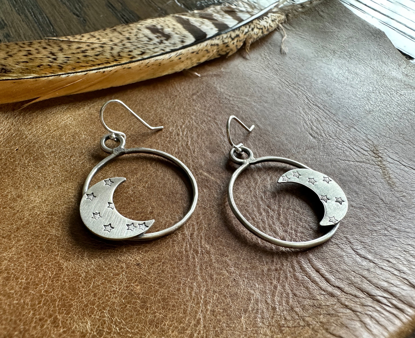 Sterling Silver Circle Moon and Star Earrings