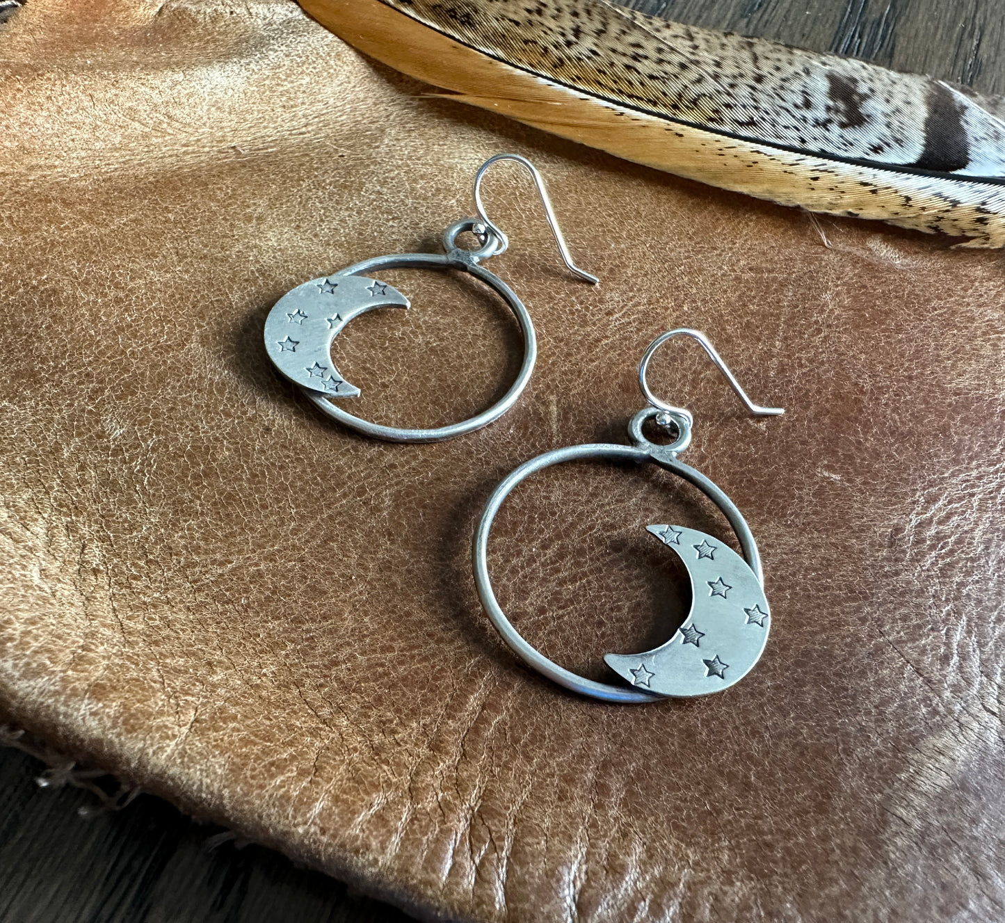 Sterling Silver Circle Moon and Star Earrings