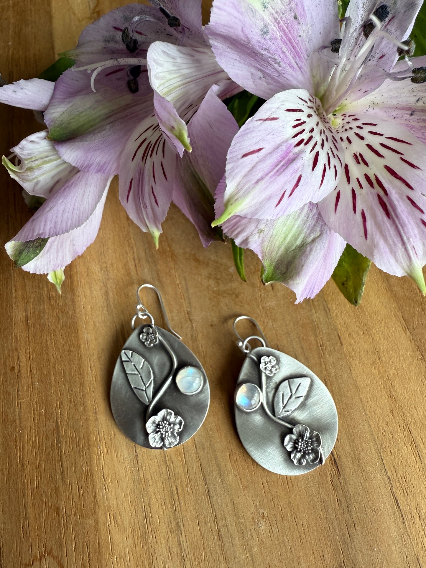 Cherry Blossom Tear Drop Earrings with Rainbow Moonstones