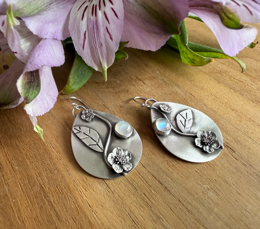 Cherry Blossom Tear Drop Earrings with Rainbow Moonstones