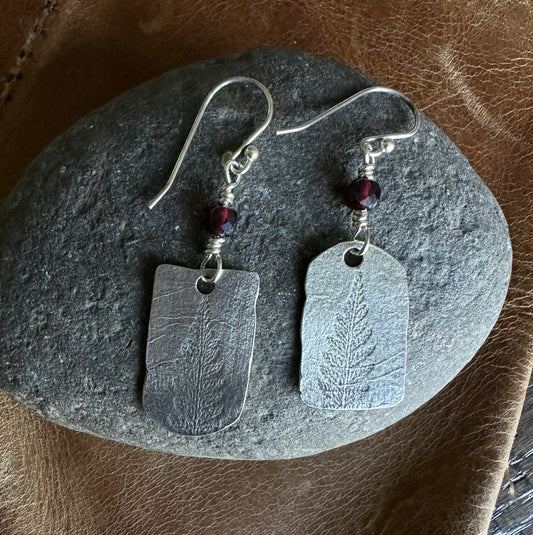Sterling Silver Fern and Garnet Earrings