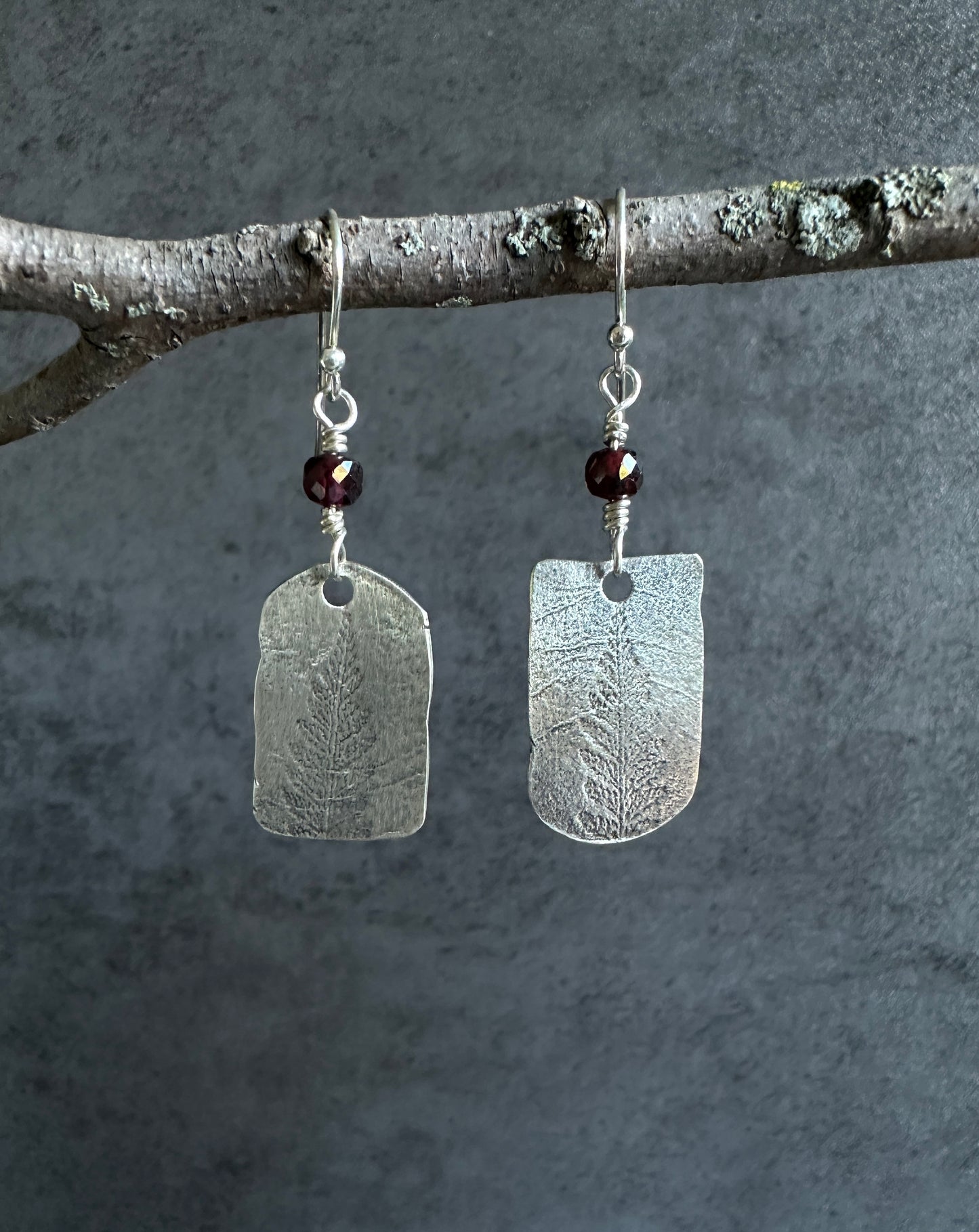 Sterling Silver Fern and Garnet Earrings