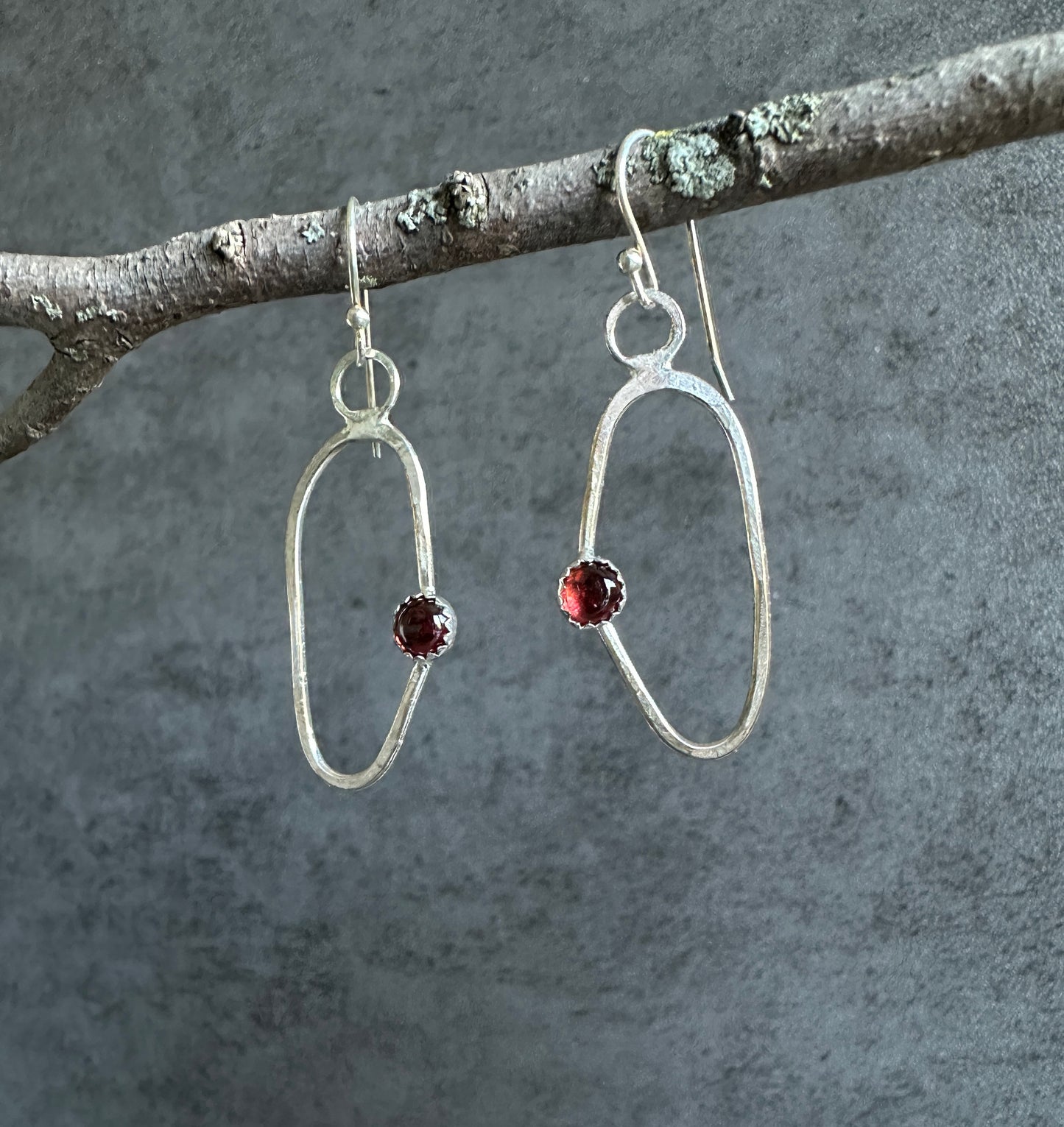 Organic Oval Earrings with Garnet Stones