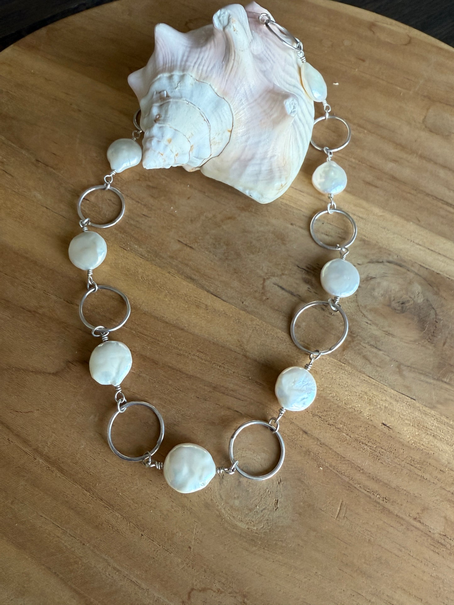Coin Pearl and Circle Link Necklace