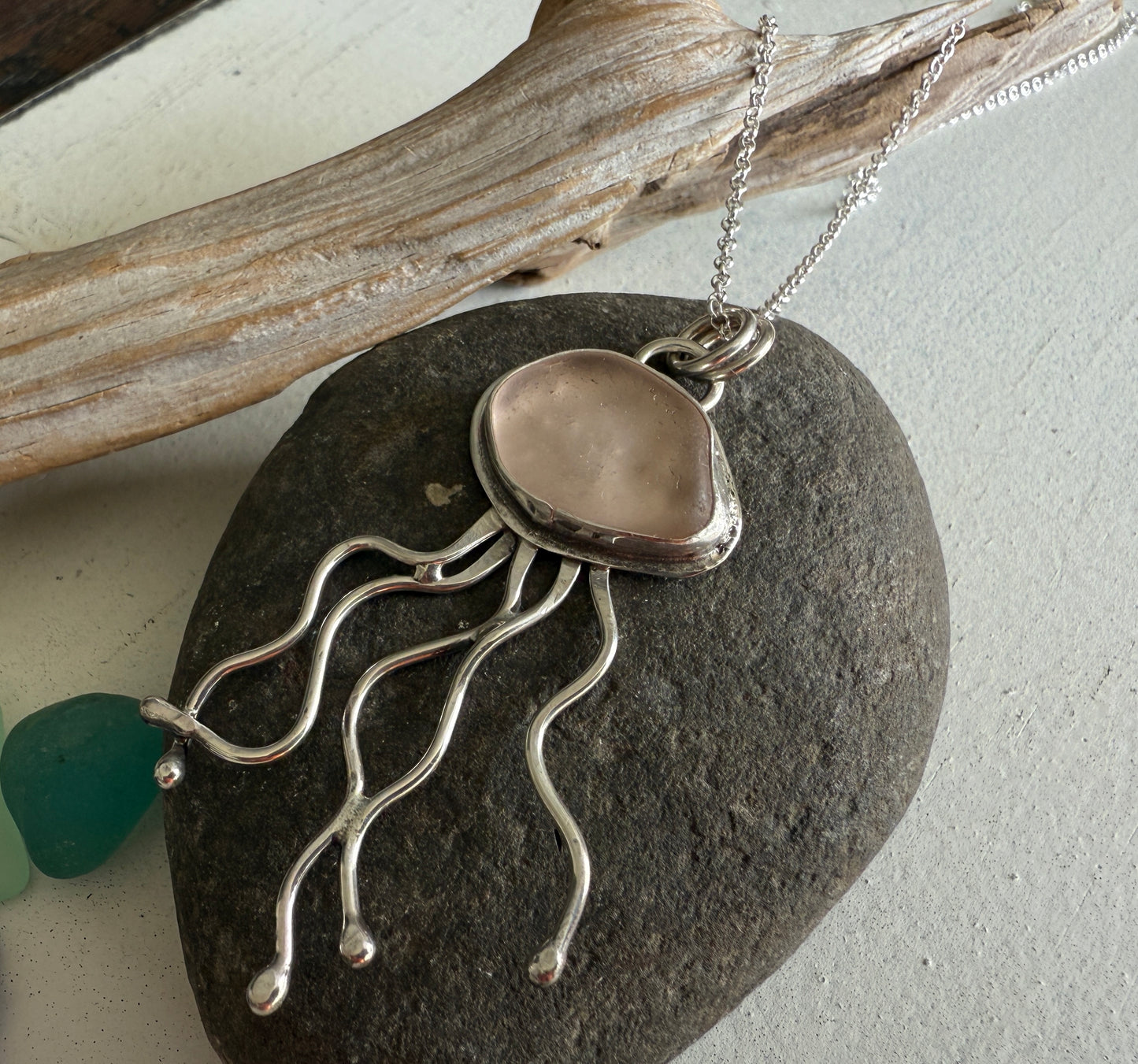 Pink Sea Glass Jelly Fish Necklace