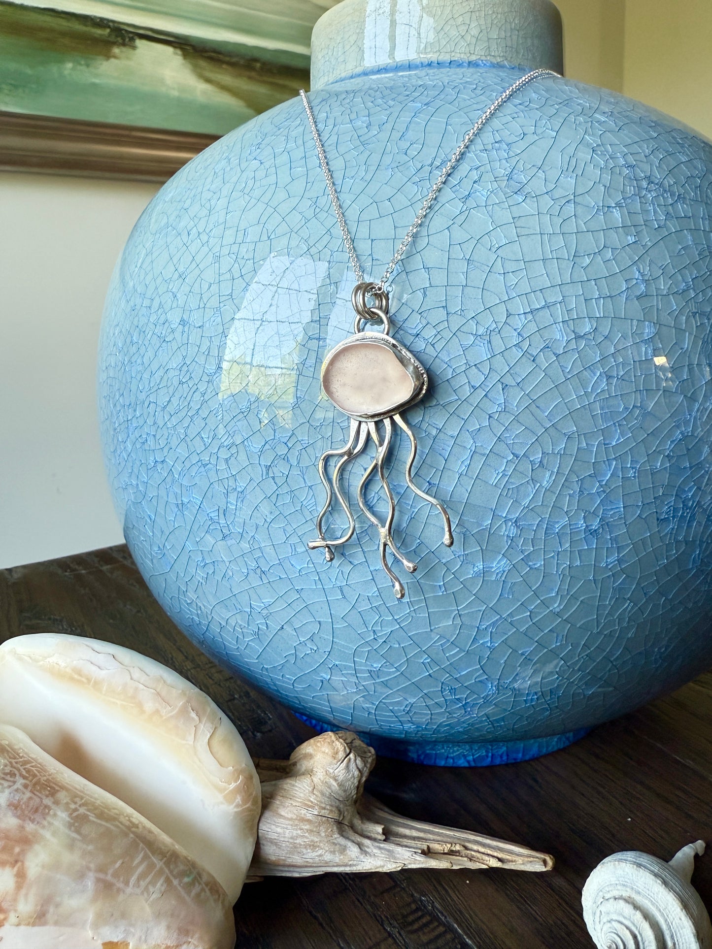 Pink Sea Glass Jelly Fish Necklace