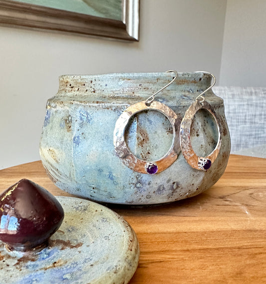 Hammered Circle Earrings with Amethyst Stone