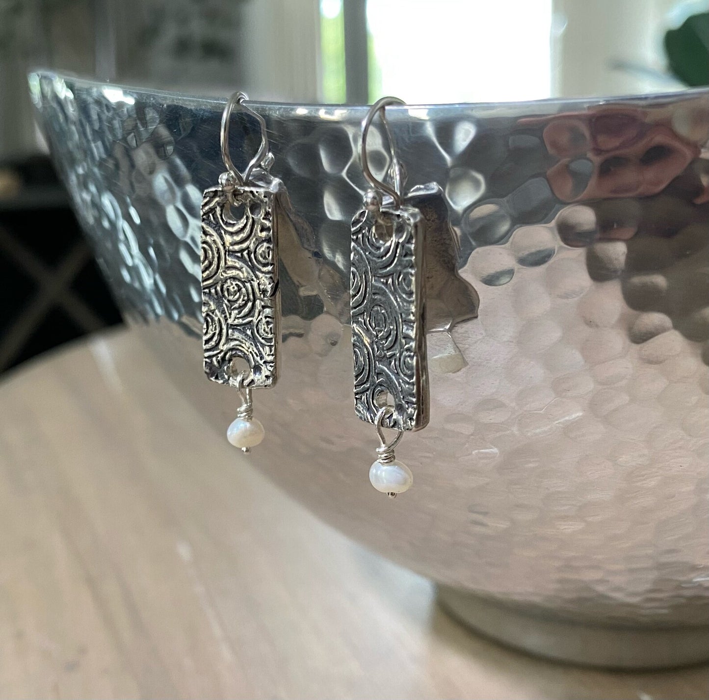 Fine Silver Rose Embossed Earrings with Freshwater Pearl