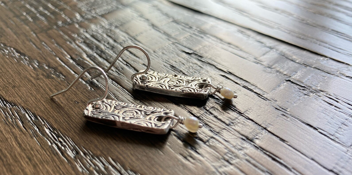 Fine Silver Rose Embossed Earrings with Freshwater Pearl