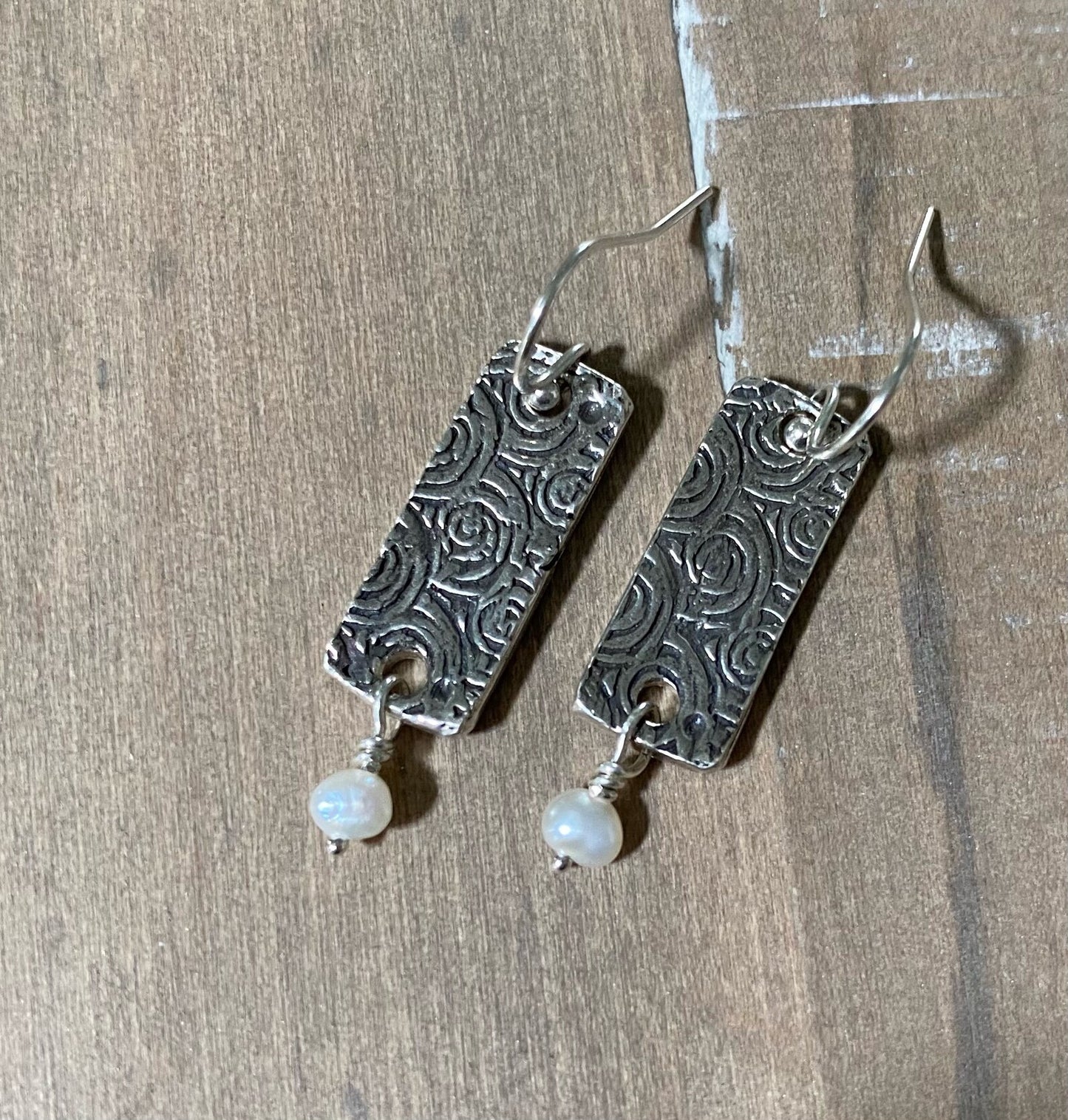 Fine Silver Rose Embossed Earrings with Freshwater Pearl