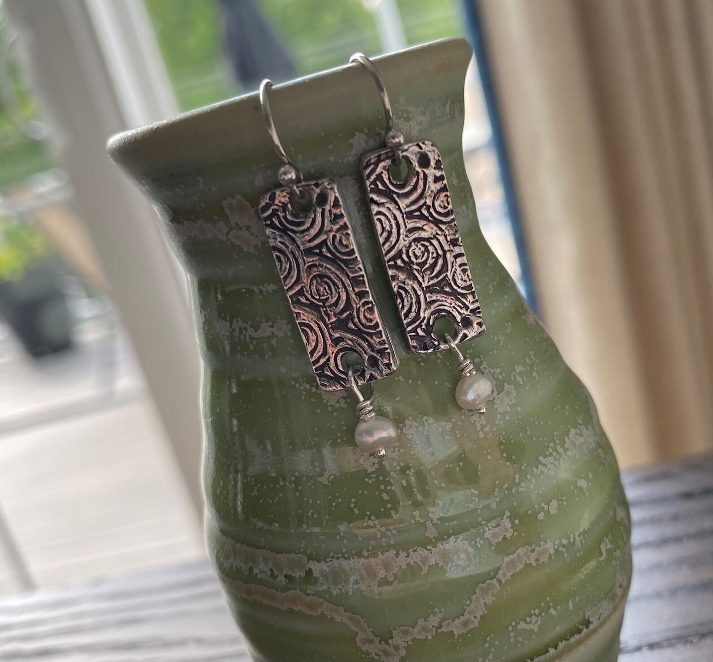 Fine Silver Rose Embossed Earrings with Freshwater Pearl