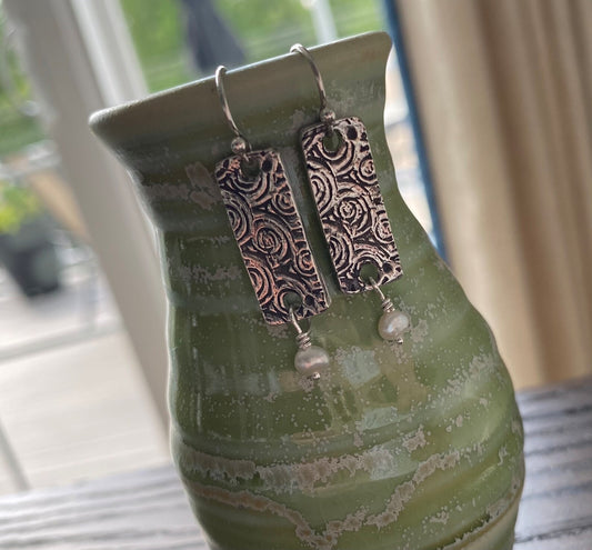 Fine Silver Rose Embossed Earrings with Freshwater Pearl