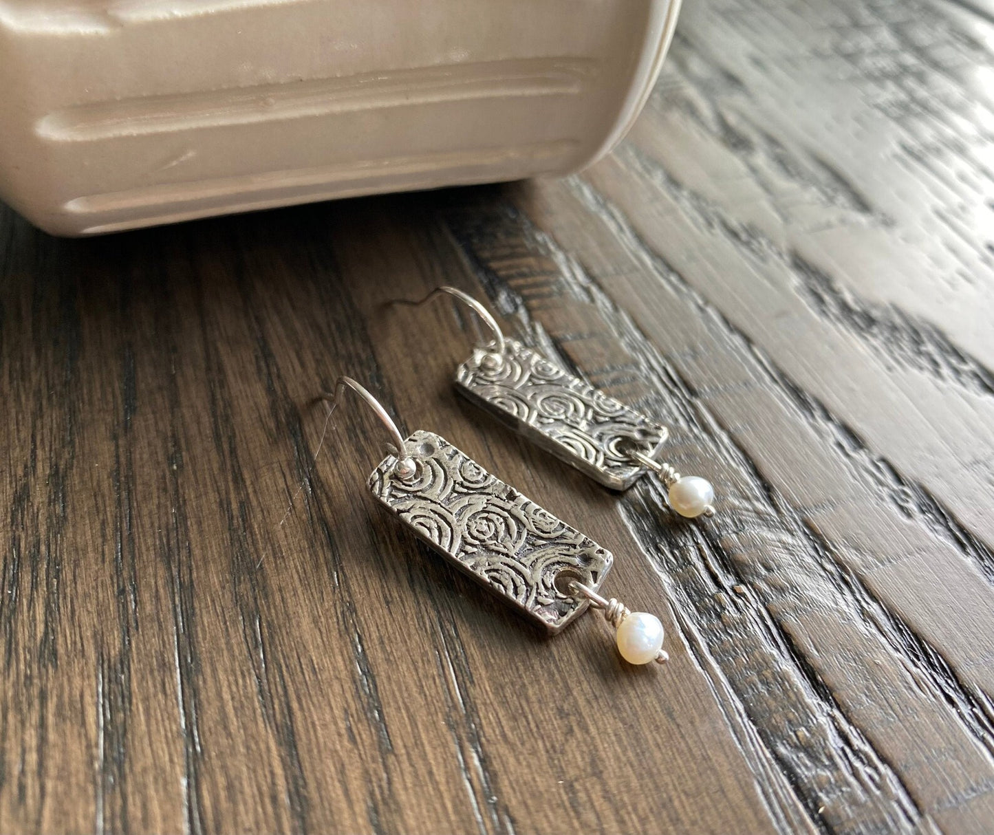 Fine Silver Rose Embossed Earrings with Freshwater Pearl