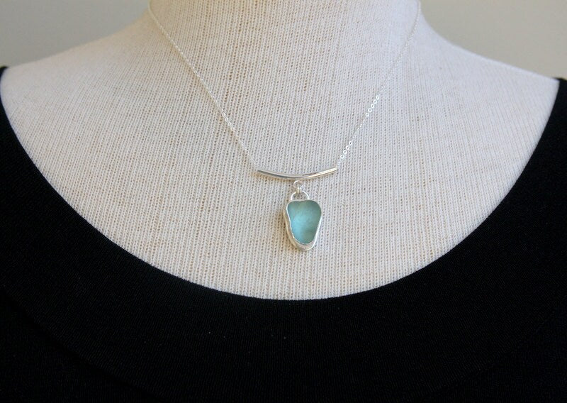 Sea glass necklace, sea glass pendant, sea glass jewelry, sterling silver sea glass necklace, bezel set, sterling silver, blue, sea glass