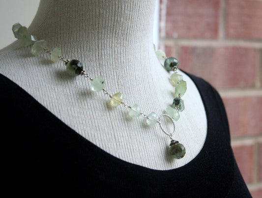 Prehnite necklace, gemstone necklace, sterling silver and prehnite necklace, wire wrapped, prehnite, statement necklace