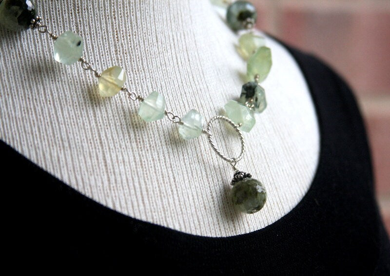 Prehnite necklace, gemstone necklace, sterling silver and prehnite necklace, wire wrapped, prehnite, statement necklace