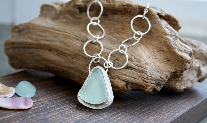 Sea glass necklace, sterling silver necklace, sea foam, sea glass jewelry, statement jewelry, beach jewelry,
