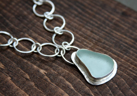 Sea glass necklace, sterling silver necklace, sea foam, sea glass jewelry, statement jewelry, beach jewelry,