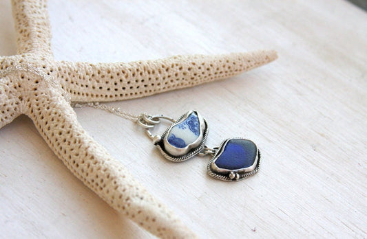 Sea glass and sea pottery necklace, sea glass necklace, sea pottery necklace, Cobalt, sea glass jewelry, sterling silver, beach jewelry