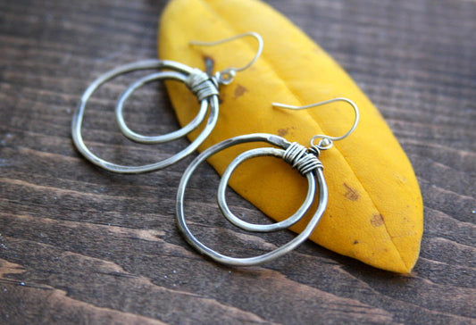 Double circle dangle earrings, sterling silver earrings, earrings, silver circle earrings, everyday jewelry