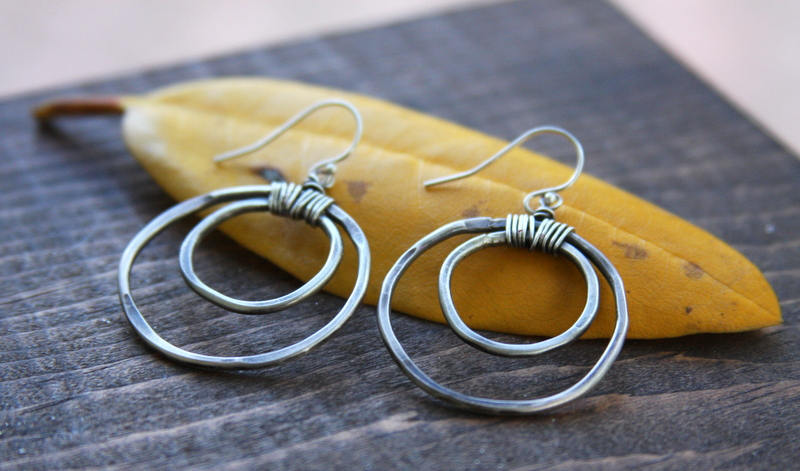 Double circle dangle earrings, sterling silver earrings, earrings, silver circle earrings, everyday jewelry