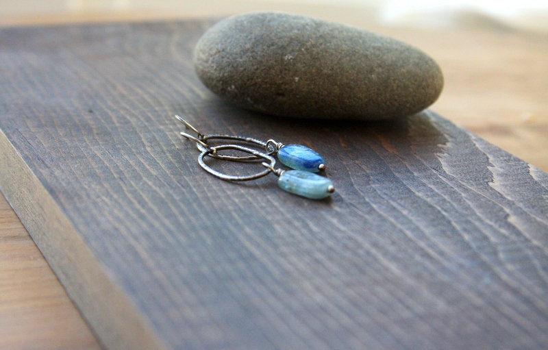 Kyanite earrings, sterling silver circle earrings, kyanite dangle earrings, blue stone earrings, artisan jewelry, everyday jewelry, rustic