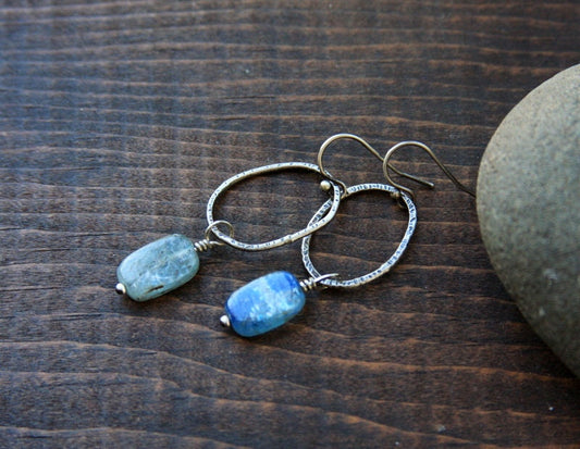 Kyanite earrings, sterling silver circle earrings, kyanite dangle earrings, blue stone earrings, artisan jewelry, everyday jewelry, rustic