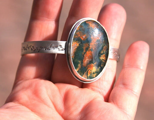 Moss agate cuff bracelet, cuff bracelet, cuff, sterling silver cuff, stone cuff bracelet, moss agate, artisan made, orange, green