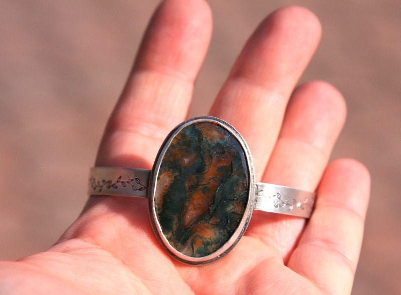 Moss agate cuff bracelet, cuff bracelet, cuff, sterling silver cuff, stone cuff bracelet, moss agate, artisan made, orange, green