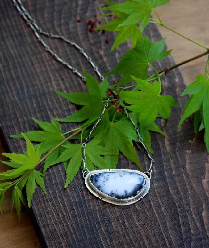 Dendritic opal necklace, stone set necklace, dendritic opal, sterling silver necklace, pendant, artisan made, arisen jewelry, rustic jewelry
