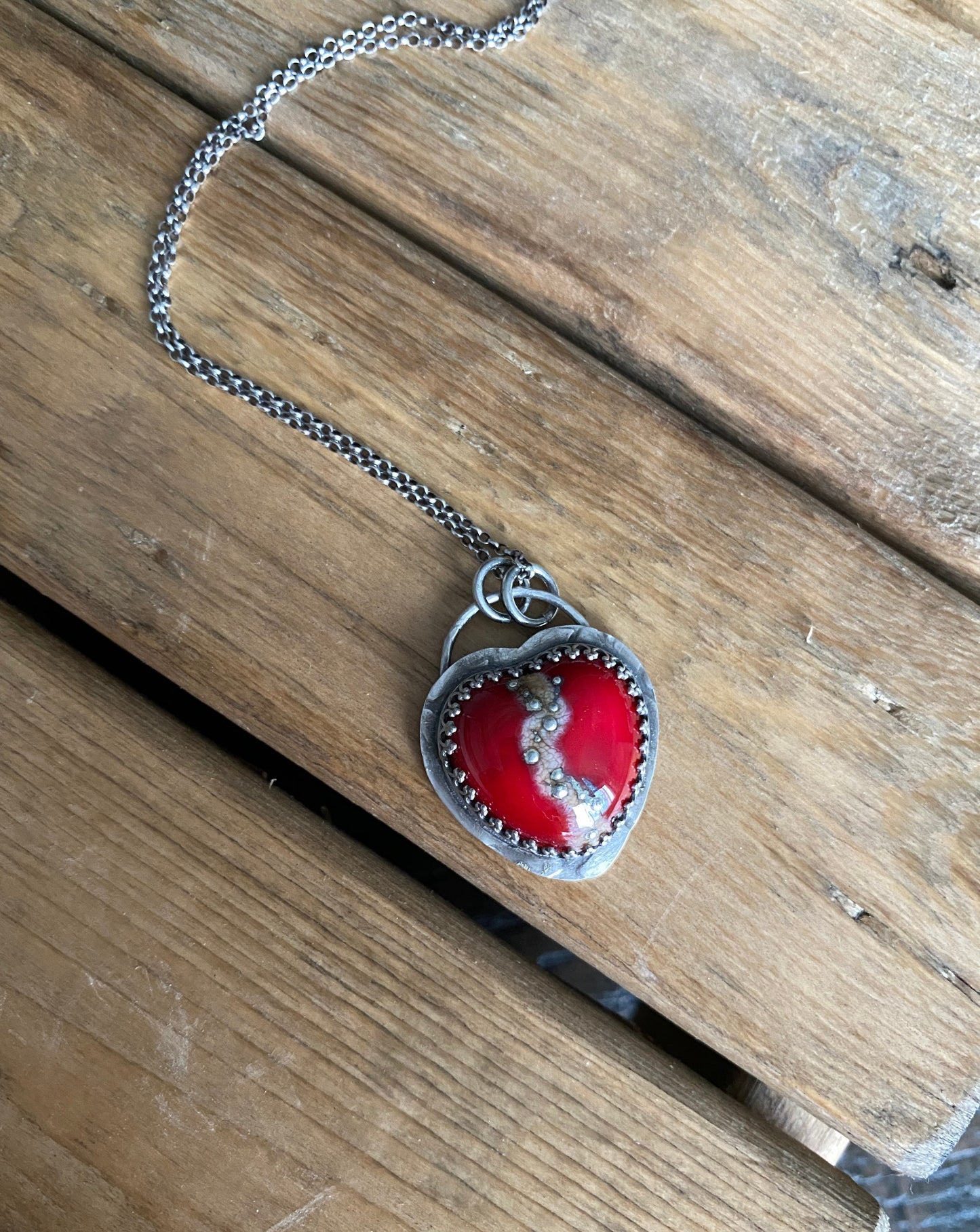 Lampwork glass heart pendant necklace, heart necklace, lampwork glass heart, red heart necklace, bezel set