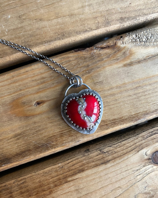 Lampwork glass heart pendant necklace, heart necklace, lampwork glass heart, red heart necklace, bezel set