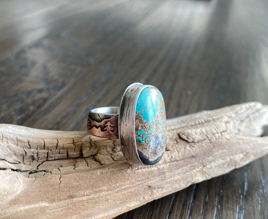 Turquoise Ring with Mixed Metal Mountain Range Band