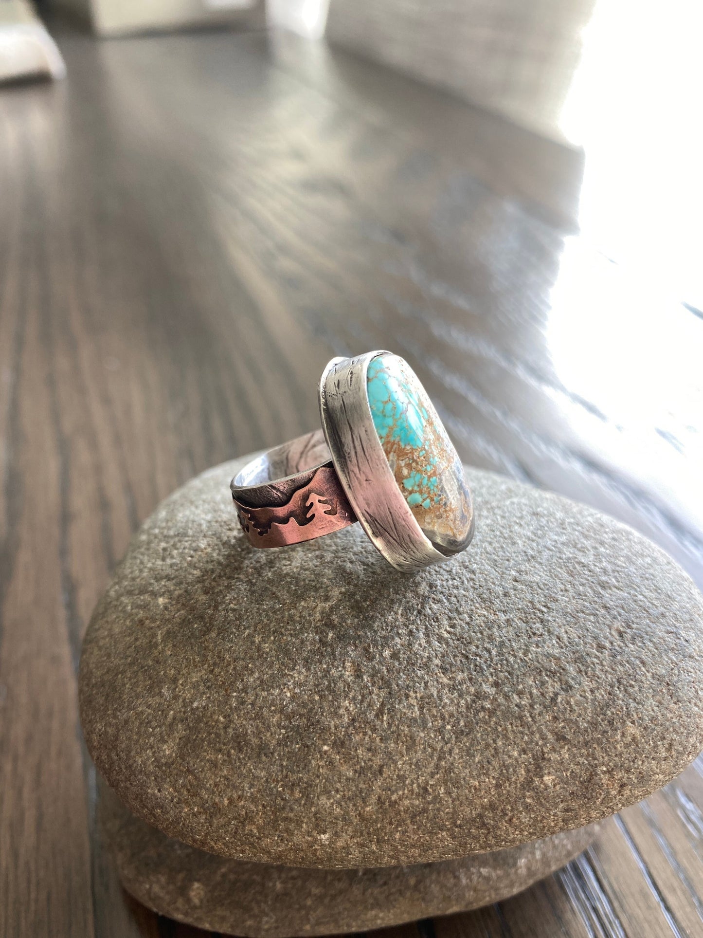 Turquoise Ring with Mixed Metal Mountain Range Band