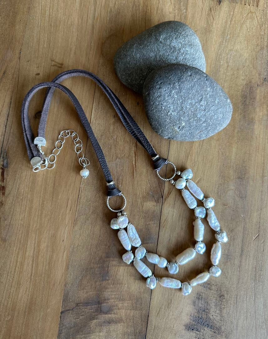 Keshi Pearl Leather and Silver Necklace