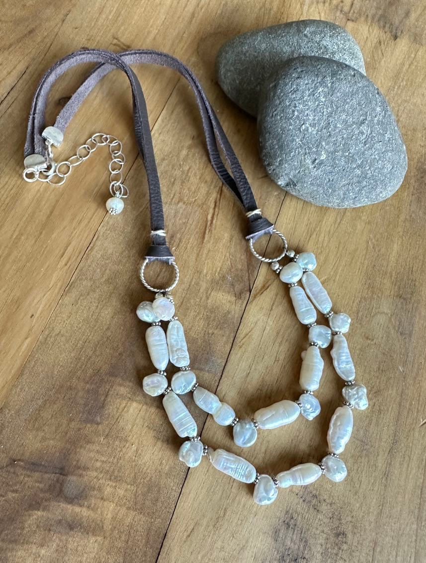 Keshi Pearl Leather and Silver Necklace