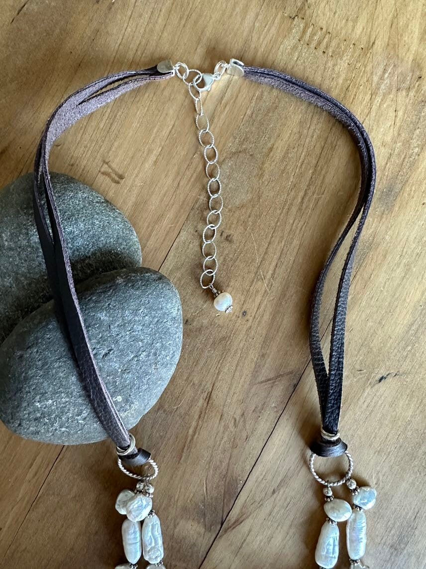 Keshi Pearl Leather and Silver Necklace