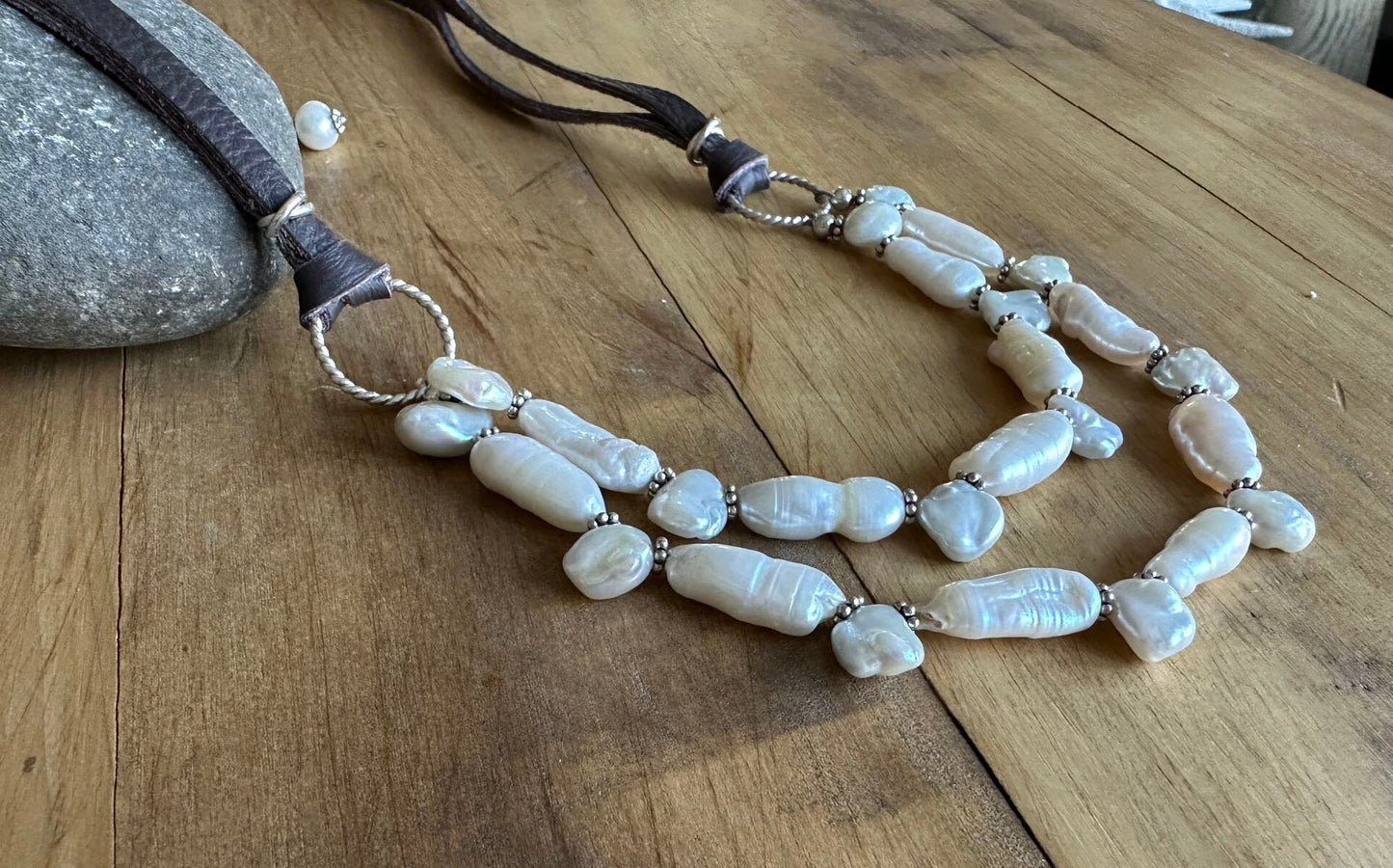 Keshi Pearl Leather and Silver Necklace