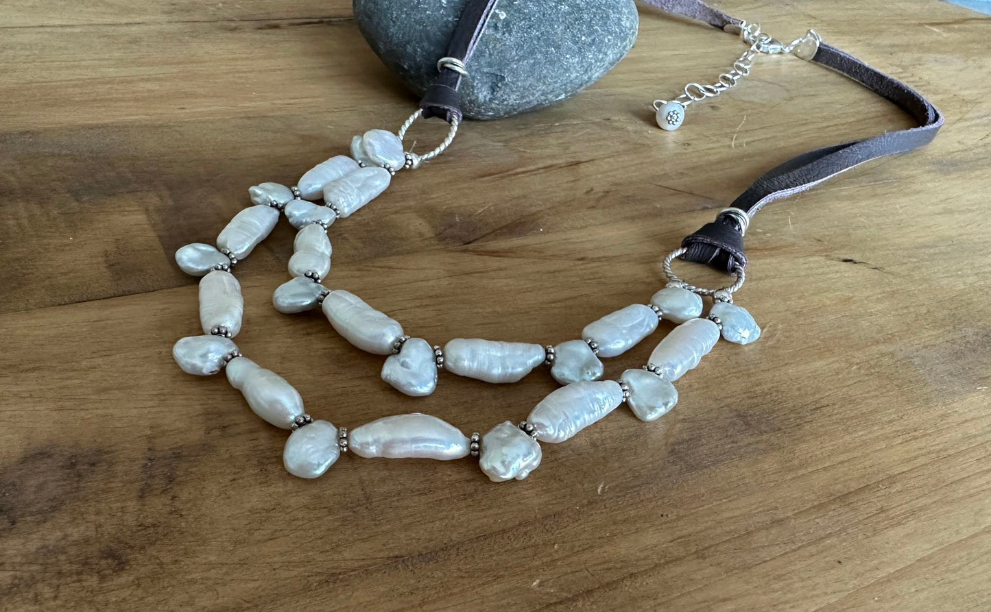 Keshi Pearl Leather and Silver Necklace