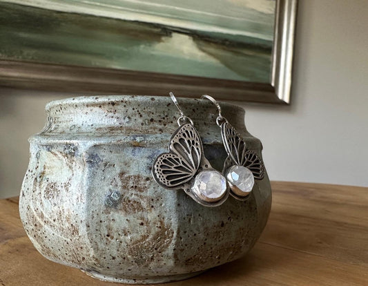Butterfly earrings set with rainbow moonstone, sterling silver butterfly earrings, moonstone earrings, dangle butterfly earrings