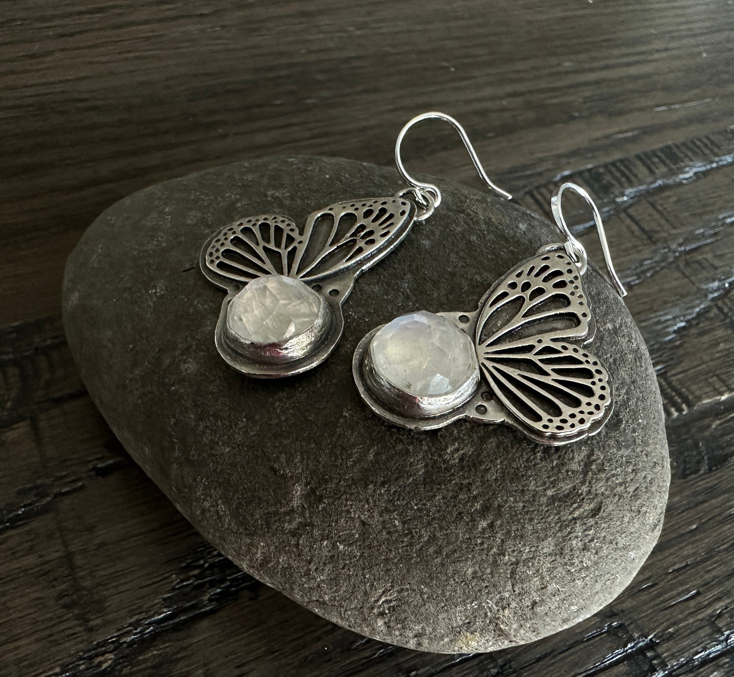 Butterfly earrings set with rainbow moonstone, sterling silver butterfly earrings, moonstone earrings, dangle butterfly earrings