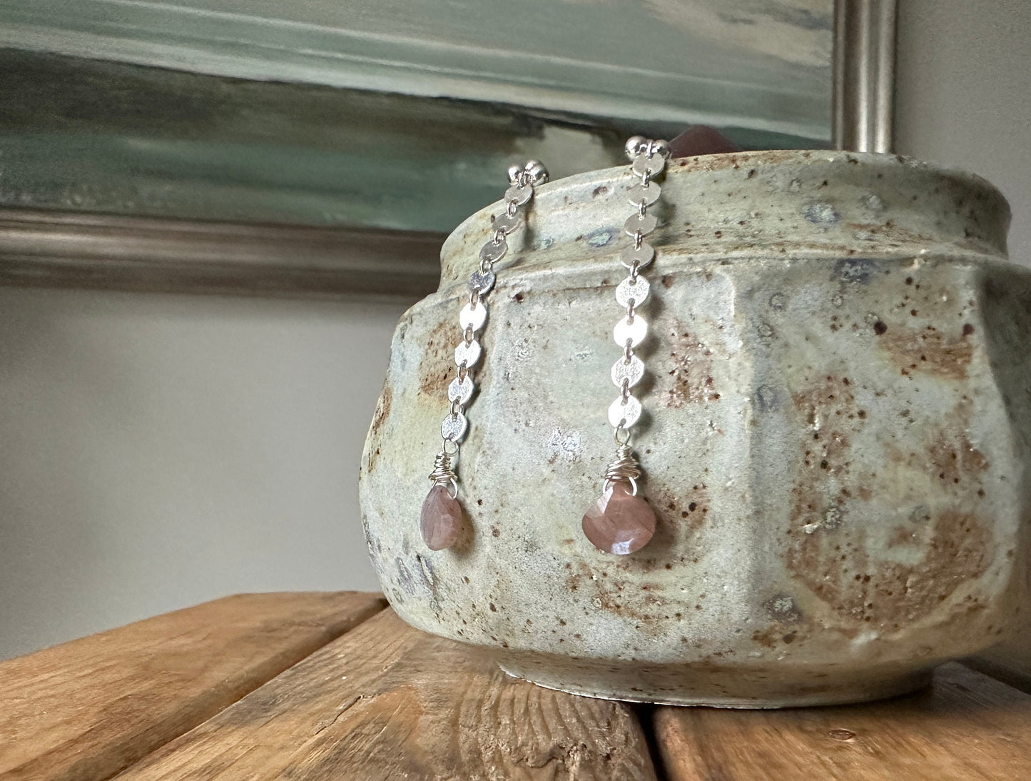 Chocolate moonstone stud dangle earrings, moonstone stud earrings, moonstone earrings, sterling silver earrings