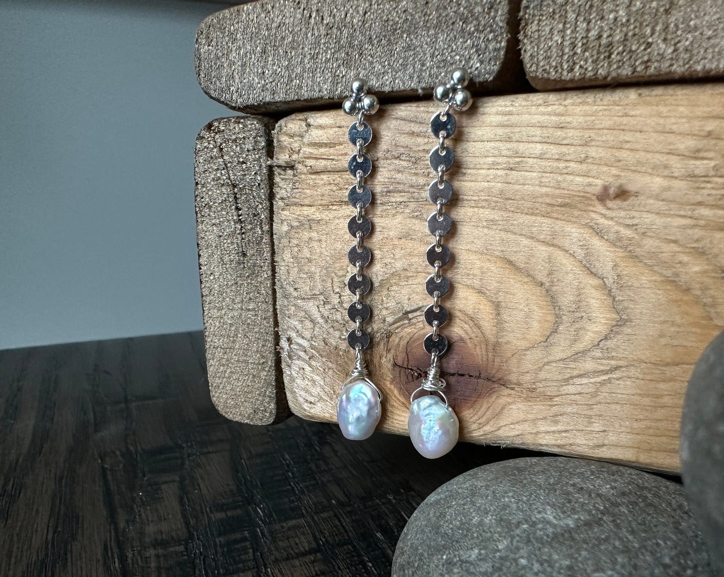 Keshi pearl dangle stud earrings, pearl earrings, keshi pearl earrings, sterling silver stud earrings