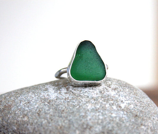Ring, sea glass, sterling silver, handcrafted, artisan, bezel set, metal smith, emerald green, beach, summer, gift