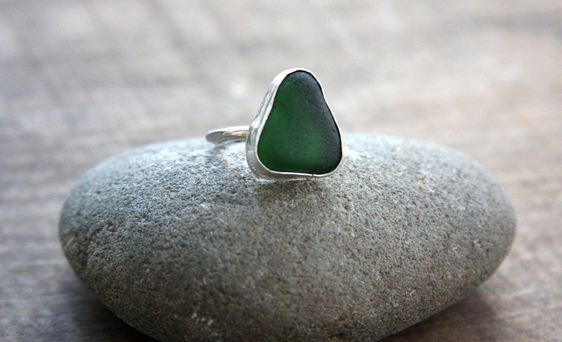 Ring, sea glass, sterling silver, handcrafted, artisan, bezel set, metal smith, emerald green, beach, summer, gift