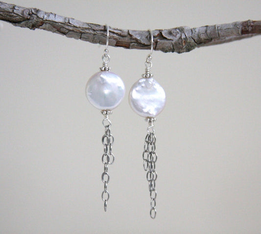 Coin pearl earrings, coin pearl earrings with chain dangles, sterling silver, freshwater pearl earrings, pearl earrings
