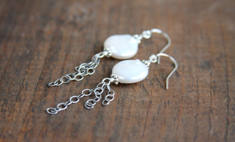 Coin pearl earrings, coin pearl earrings with chain dangles, sterling silver, freshwater pearl earrings, pearl earrings