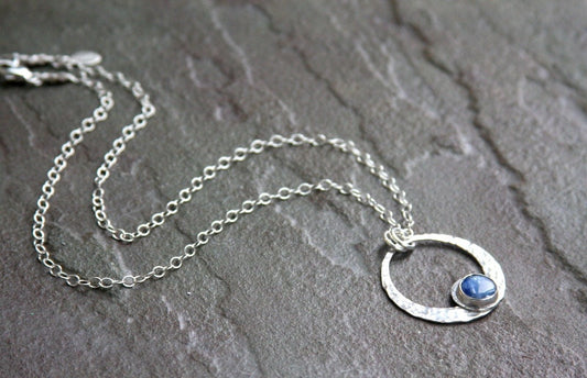 Kyanite pendant necklace, sterling silver necklace, bezel set, kyanite, gemstone necklace, necklace, blue, hammered texture