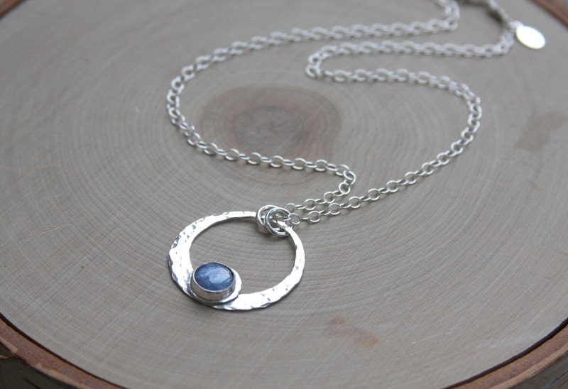 Kyanite pendant necklace, sterling silver necklace, bezel set, kyanite, gemstone necklace, necklace, blue, hammered texture